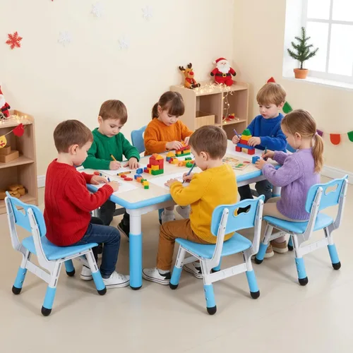 Miniatura 8 de Arlopu Juego de mesa y 6 sillas para niños, escritorio de graffiti ajustable en altura, mesa de manualidades para actividades preescolares, para Azul