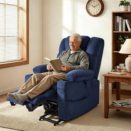 Miniatura 8 de MCombo Silla reclinable eléctrica grande de triple motor con masaje y doble calefacción, reposacabezas ajustable para personas mayores altas, tela