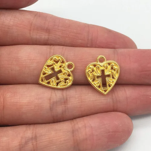 Miniatura 3 de Paquete de 120 dijes de cruz de corazón de aleación de oro antiguo a granel para pulseras y fabricación de joyas, Metal, No es una piedra preciosa