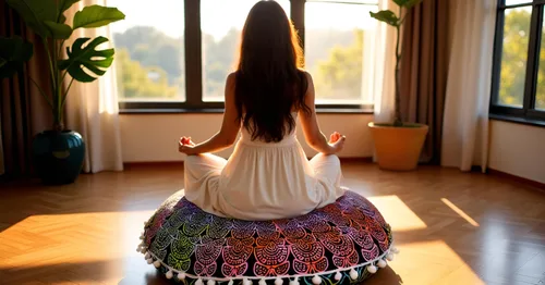 Miniatura 2 de CRAFT KALA Funda de cojín de 22 pulgadas con diseño de mandala para meditación, funda para puf, asiento redondo, diseño de mandala bohemio, de Multi