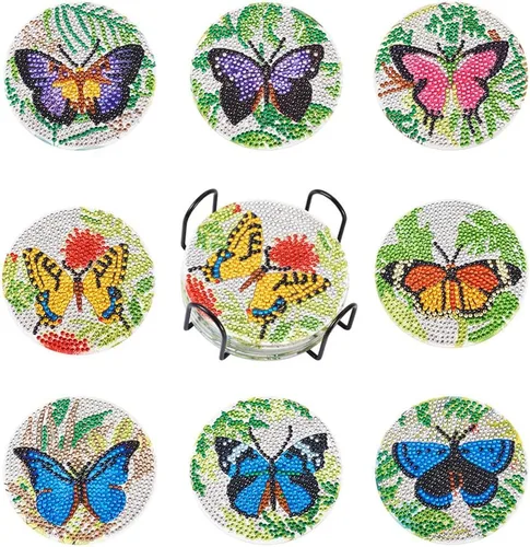 FASHEWELRY 8 posavasos de pintura de diamante de mariposa de 4 pulgadas, posavasos de diamante 5D de granja de insectos verdes, kits de arte con