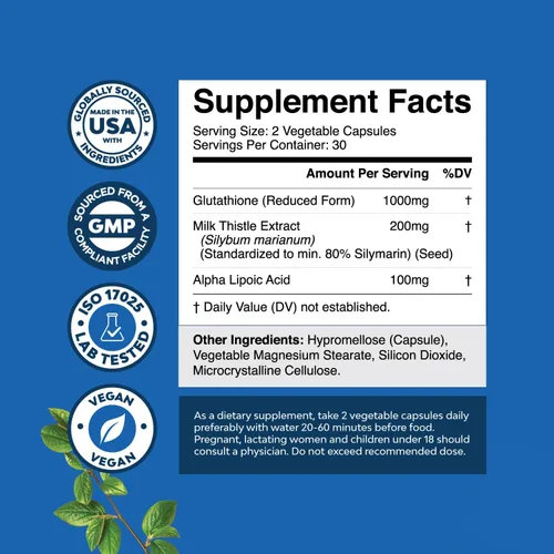 Miniatura 8 de Suplemento de glutatión L para apoyo de la piel y el hígado, glutatión extra fuerte de 1000 mg con extracto de cardo mariano de silimarina ALA