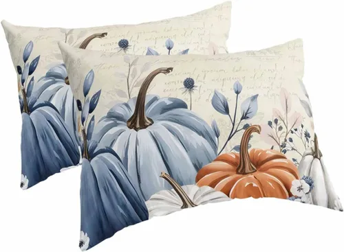 Miniatura 15 de Fundas de almohada de tamaño estándar de Acción de Gracias, 2 paquetes de fundas de almohada suaves decorativas para sofá de cuerpo largo, con Azul