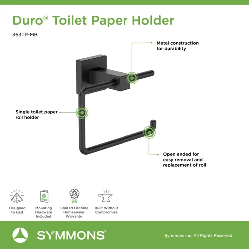 Miniatura 6 de Symmons 363TP-MB Duro - Soporte de papel higiénico para pared, color negro mate Mate negro
