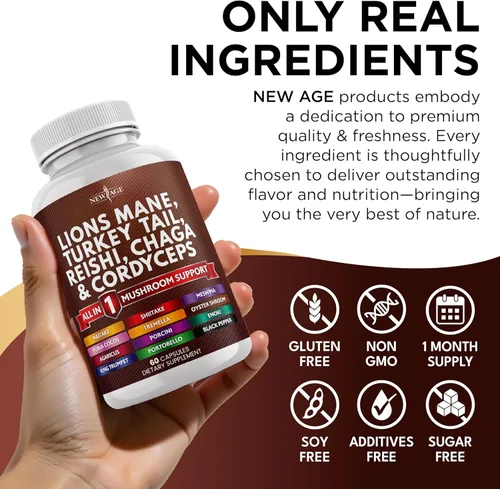 Miniatura 6 de NEW AGE Suplemento de hongo de melena de león con cola de pavo Reishi Cordyceps Chaga con raíz de malvavisco, 180