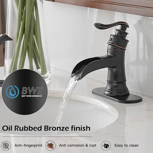Miniatura 4 de BWE Grifo de baño en cascada de bronce frotado con aceite, llave de una manija, un agujero, grifo de lavabo, estilo granja, para tocador de baño