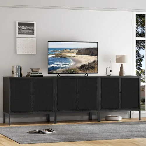Miniatura 7 de Brafab Aparador negro con puertas decoradas de ratán natural, 31.5 pulgadas de ancho, armario de almacenamiento de ratán Credenza, gabinete bohemio