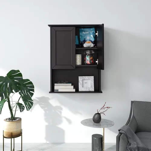 Miniatura 8 de VANIRROR Armario de pared de baño negro de 23 x 29 pulgadas, botiquín de madera con 2 puertas y estante ajustable, armario montado en la pared sobre
