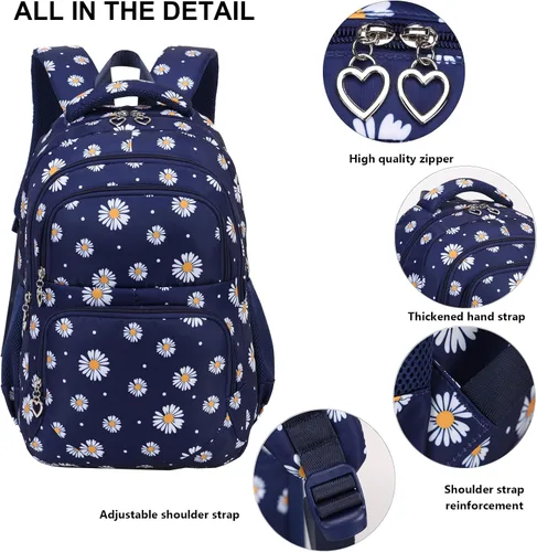 Miniatura 11 de goldwheat Mochilas impresas margaritas con paquete de almuerzo, estuche de lápices 3pcs, bolsa ligera resistente al agua para la escuela secundaria