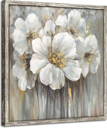 Imágenes florales de madera enmarcadas: arte de pared de lirio blanco botánico con pinturas de lámina dorada sobre tablón de madera para dormitorio