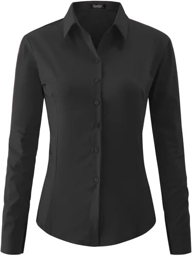 Jonivey - Camisa de vestir de manga larga elástica con botones para mujer, suave, sin arrugas, para trabajo, casual, negocios, oficina