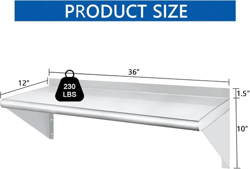 Miniatura 3 de HARDURA Estante de acero inoxidable de 12 x 36 pulgadas, estantes comerciales de 230 libras, estantería de metal para montaje en pared con protector