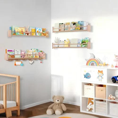 Miniatura 6 de Estantes para libros de guardería de 34 pulgadas montados en la pared, estante flotante para libros para niños con 6 ganchos, estante colgante