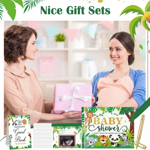 Miniatura 7 de Fuyoooo 27 piezas de libro de invitados para baby shower de safari en la jungla con tarjeta de lugar floral y sello de inicio de sesión para baby