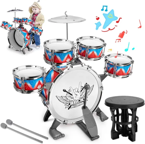 Juego de batería para niños pequeños, kit de batería de jazz con taburete, instrumentos musicales, juguetes de cumpleaños, Navidad, regalos de