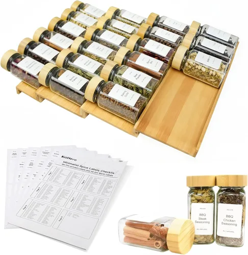 Miniatura 14 de Organizador de Cajón de Especias, 4 Niveles - 8 Piezas Bandeja Inserto de Estante de Especias de Bambú para Cajón de Gabinete Encimera, Organización