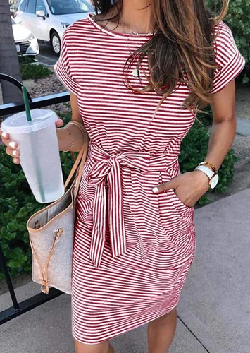 Miniatura 2 de MEROKEETY - Vestido de verano con manga corta, a rayas, casual, estilo camiseta, con lazo en la cintura y bolsillos, para mujer