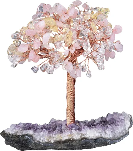 mookaitedecor Árbol de cuarzo rosa natural, cuarzo de roca y cristal citrino con base de cristal de racimo de amatista, figuras de árbol de dinero,