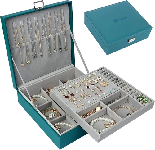 SIMBOOM Joyero organizador para mujeres y niñas 2 capas de almacenamiento de joyas grande con cerradura organizador de joyas y relojes de cuero para