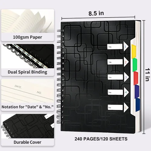 Miniatura 4 de CAGIE Cuaderno de 5 materias con rayas universitarias de 8.5 x 11 pulgadas, 240 páginas, cuaderno en espiral con pestañas divisorias, cuadernos A4