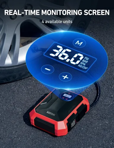 Miniatura 4 de AstroAI Inflador de neumáticos, compresor de aire portátil de 12 V CC 100 PSI, almacenamiento integrado, indicador digital, apagado automático, luz