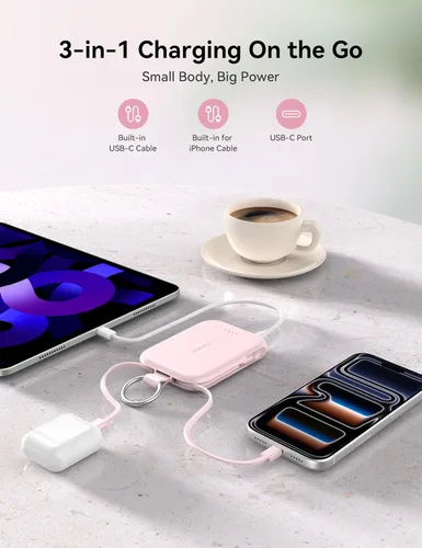 Miniatura 4 de RORRY Cargador portátil, batería externa de 5000mAh con cables incorporados, paquete de batería de llavero de viaje para iPhone 17/16/15/14/13/12