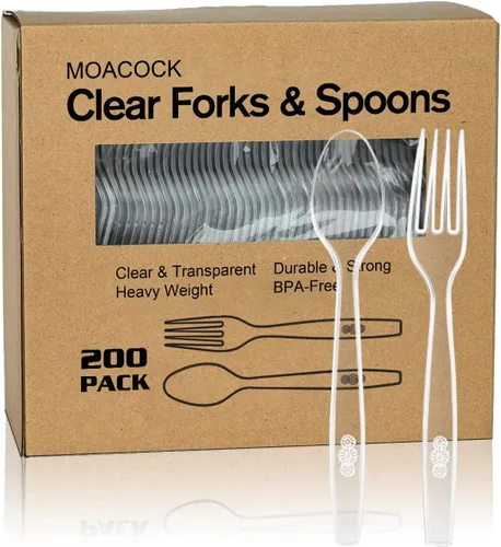 Miniatura 9 de MOACOCK 200 piezas de cubiertos de plástico negro plateado, tenedores y cucharas de plástico de peso pesado, juego de utensilios desechables