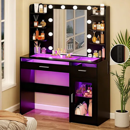 HUAHUU Escritorio de tocador con espejo y luces, Mesa de maquillaje con luces de 3 colores, Tocador de superficie transparente con 2 cajones RGB, 6