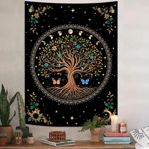 Miniatura 2 de Lunerfex Tapiz de árbol de la vida, tapiz de pared de fase lunar, tapices verdes para dormitorio, techo, tapices para colgar en la pared