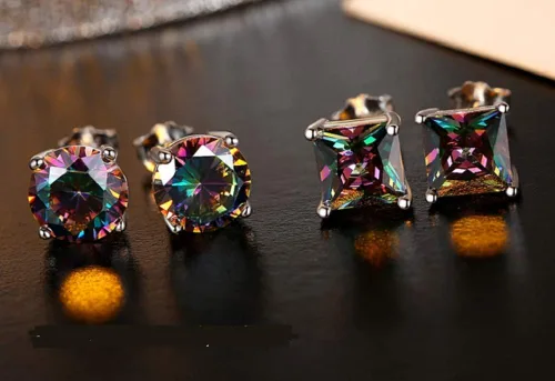 Miniatura 6 de LVTING - Aretes de plata de ley 925 con circonita cúbica redonda y cuadrada de corte brillante, hipoalergénicos, cuarzo, arcoíris, coloridos regalos