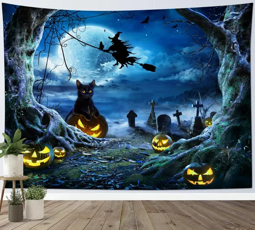 Miniatura 21 de LB Tapiz espeluznante de cementerio de Halloween, lápida aterradora con árboles muertos, tapiz de bosque para colgar en la pared, tapiz de fondo
