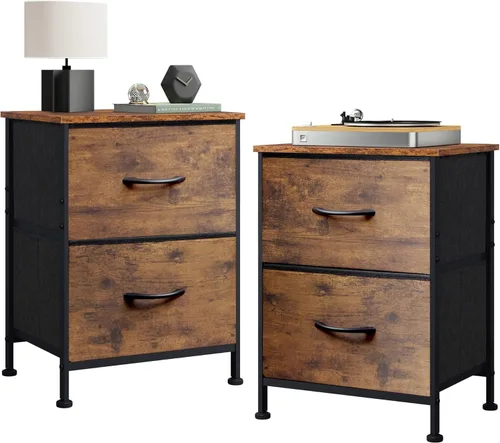 Miniatura 29 de WLIVE Mesita de noche negra, cómoda pequeña con 2 cajones y superficie de madera, mesita de noche con cestas de tela, mesa de cabecera mesa auxiliar