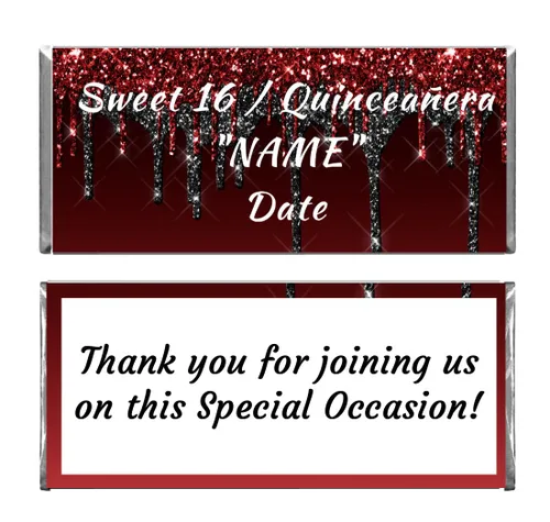 Diseño personalizado con purpurina roja y negra para aniversario, quinceañera, cumpleaños, cualquier ocasión envoltorios y láminas de barras de