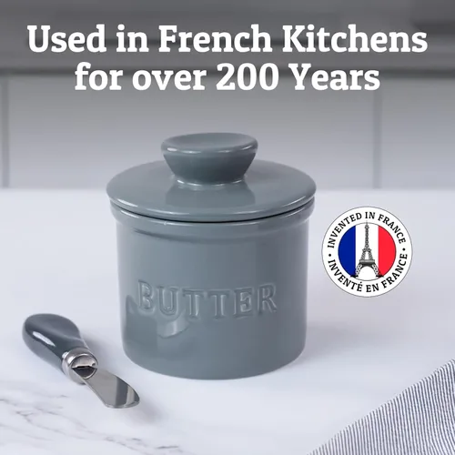 Miniatura 7 de Priority Chef Recipiente para Mantequilla con Tapa y Línea de Agua, Plato Francés de Cerámica para Mantequilla para Dejar en la Encimera, Gris Claro