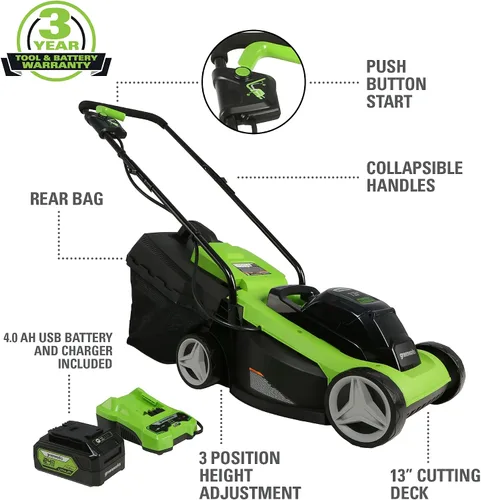 Miniatura 2 de Greenworks - Cortacésped inalámbrico de 24 V y 13 pulgadas (2 en 1), batería USB de 4.0 Ah (multipuerto USB) y cargador MO24B410 incluido