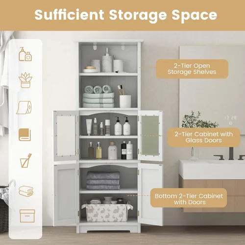 Miniatura 4 de COSTWAY Armario alto de almacenamiento para baño, armario de despensa de cocina independiente con puertas de vidrio y estante ajustable, gabinete