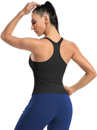Miniatura 81 de ATTRACO Camiseta corta acanalada de entrenamiento para mujer con brasier integrado para yoga, espalda cruzada, ajuste ajustado