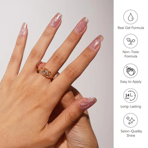 Miniatura 3 de DANNI & TONI Tiras de uñas de gel semicuradas, color rosa champán, ojos de gato, 28 calcomanías de regalo para mujer Aqua Ripple