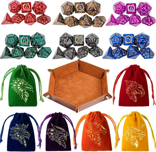 Miniatura 9 de DND - Juego de 42 dados poliédricos de Calabozos y Dragones para juegos de mesa D&D RPG MTG, dados a granel con coloridas bolsas de cordón y bandeja