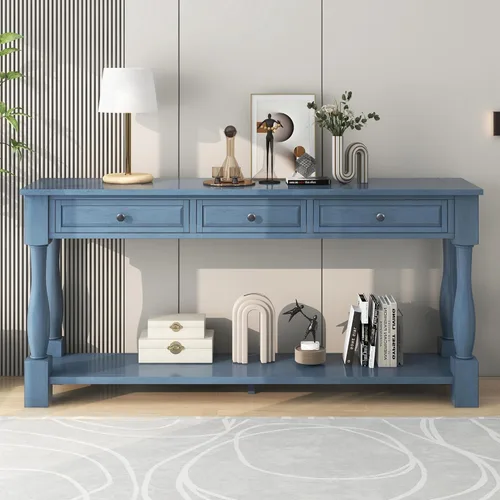 Miniatura 22 de Mesa de consola grande retro de 63 pulgadas, aparador de madera con 4 cajones de almacenamiento y 1 estante, armario de almacenamiento de buffet