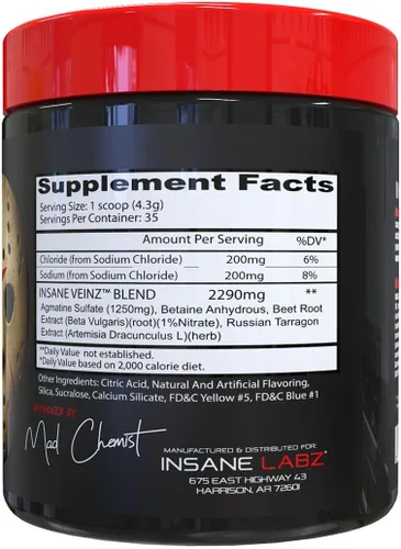 Miniatura 3 de Insane Labz Insane Veinz - Polvo no estimulante potenciador de óxido nítrico, cargado con sulfato de agmatina y betaína anhidra, aumenta