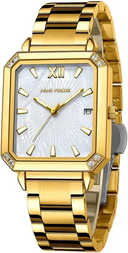 Mini Focus - Reloj de pulsera elegante para mujer (caja de diamantes, esfera de madre de peramanecilla luminosacalendario) reloj de acero inoxidable
