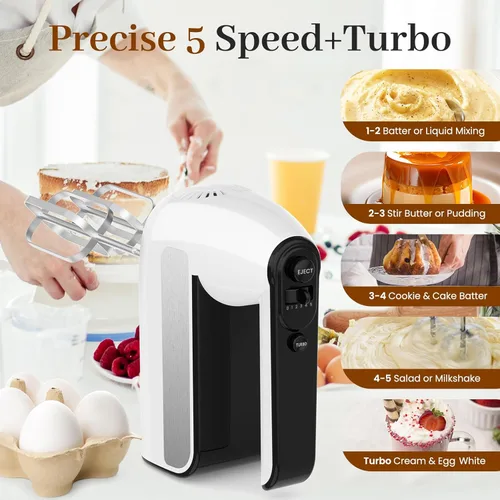 Miniatura 3 de Batidora de mano eléctrica de 5 velocidades, batidora de mano de 800 W con turbo para hornear y cocinar, mezclador de alimentos de cocina con Blanco