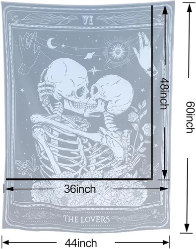 Miniatura 7 de KJHL The Lovers - Tapiz de calavera para colgar en la pared, tapiz gótico negro de bruja, tapiz de esqueleto vertical oscuro, tapices estéticos