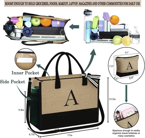 Miniatura 3 de YOOLIFE Regalos de Navidad para mujeres, bolsa de yute con inicial y bolsa de maquillaje, regalos de cumpleaños para mujeres, mamá, esposa