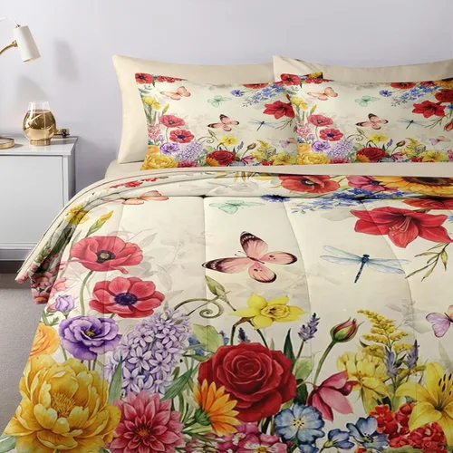 Miniatura 5 de Nesker Juego de edredón de primavera de 5 piezas, tamaño individual, juego de ropa de cama floral con mariposas para niños y adultos, juego