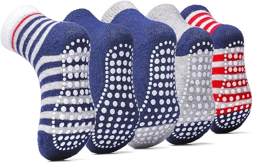 Sosenfer Calcetines antideslizantes para niños pequeños con pinzas, 5-10 pares de calcetines antideslizantes para bebés de 1 a 7 años, hechos con
