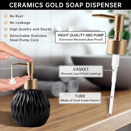Miniatura 3 de Ceramics - Dispensador de jabón dorado para baño, dispensador de jabón de alivio para fregadero de cocina, botella de jabón líquido recargable
