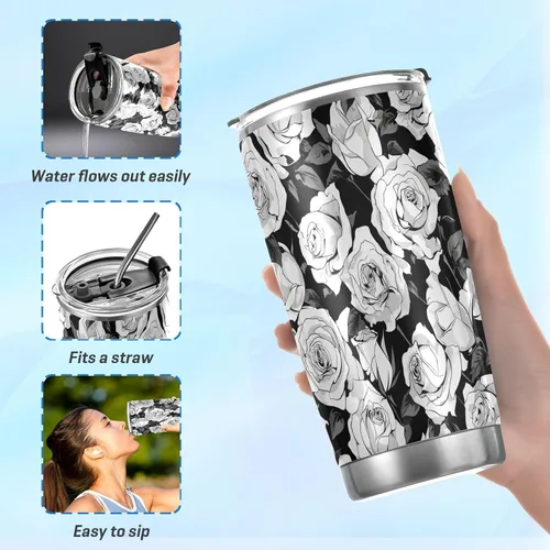 Miniatura 6 de Taza de acero inoxidable simple rosa en blanco y negro con tapa de pajilla, taza de café de viaje aislada para bebidas calientes y frías, taza