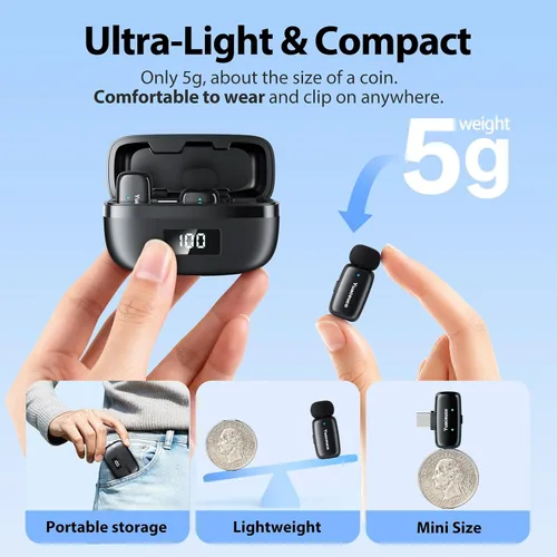 Miniatura 10 de Mini micrófono inalámbrico Lavalier para iPhone, iPad, Android, reducción de ruido y silencio, funda de carga de 33 horas, cambiador de voz AI